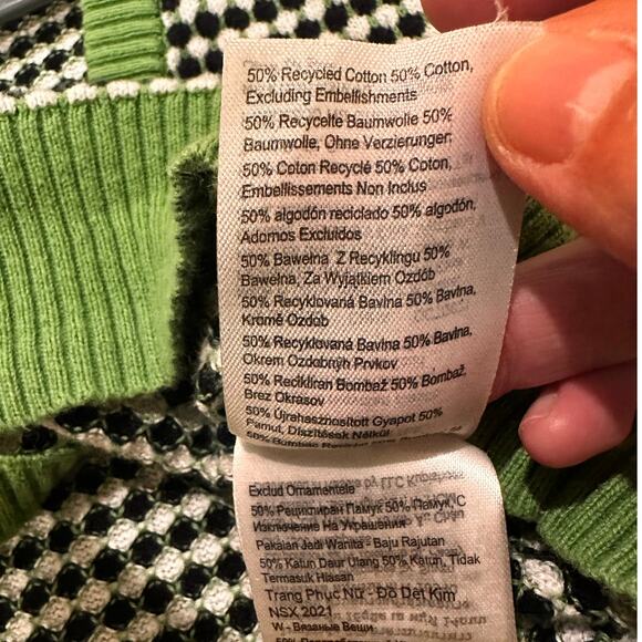 Cropped V-Neck Short Sleeve Black White Polka Dot Card Green Trim, NWOT, Size L - Picture 3 of 7